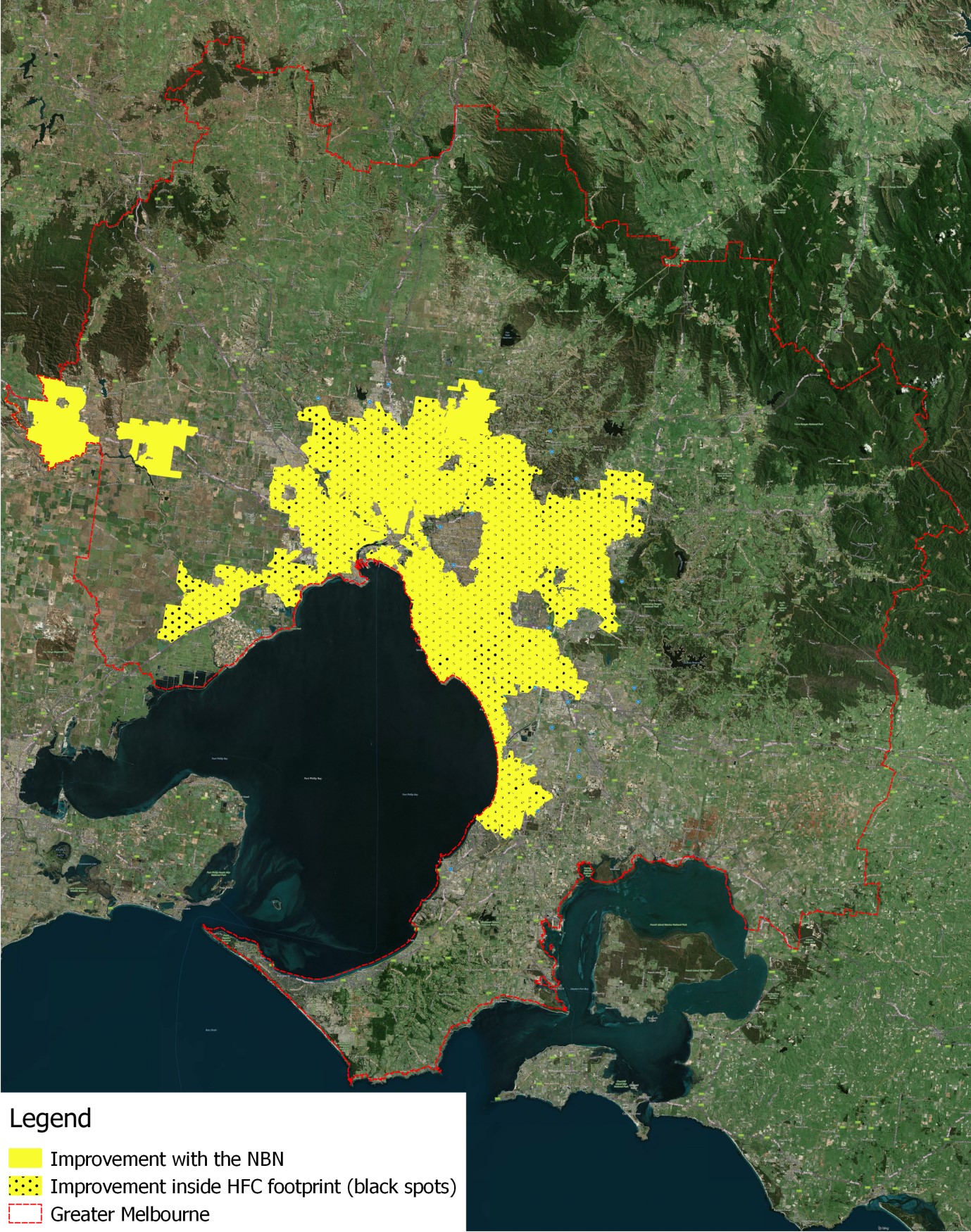 Estimated improvement in availability and access speeds in geographical areas in Greater Melbourne Estimated improvement in availability and access speeds in geographical areas in Greater Melbourne