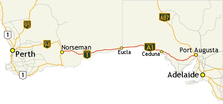 Figure 2. Map of the Eyre Highway showing central position of Eucla between Perth and Adelaide Figure 2. Map of the Eyre Highway showing central position of Eucla between Perth and Adelaide