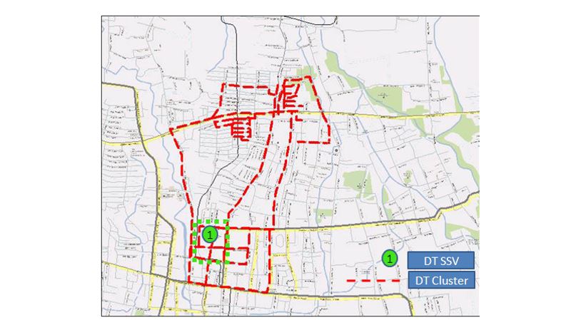 Figure 7. SSV Drive Test route and cluster Drive Test route after the implementation of RF band-pass filter node in UMTS Denpasar area Figure 7. SSV Drive Test route and cluster Drive Test route after the implementation of RF band-pass filter node in UMTS Denpasar area