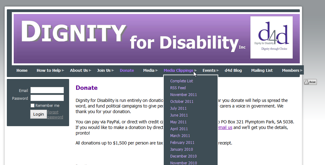 Inaccessible drop down menu employed in D4D site prior to redesign (click image to enlarge)
