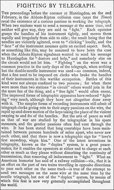 'Fighting' ? before the advent of duplex telegraphy Figure 4 ? Fighting by Telegraph