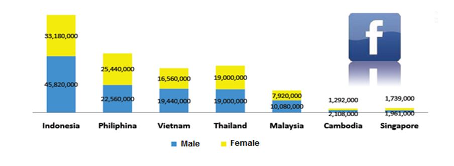 Comparison of Facebook Users in Indonesia and ASEAN Countries Bar chart for various countries showing figures for male and female users