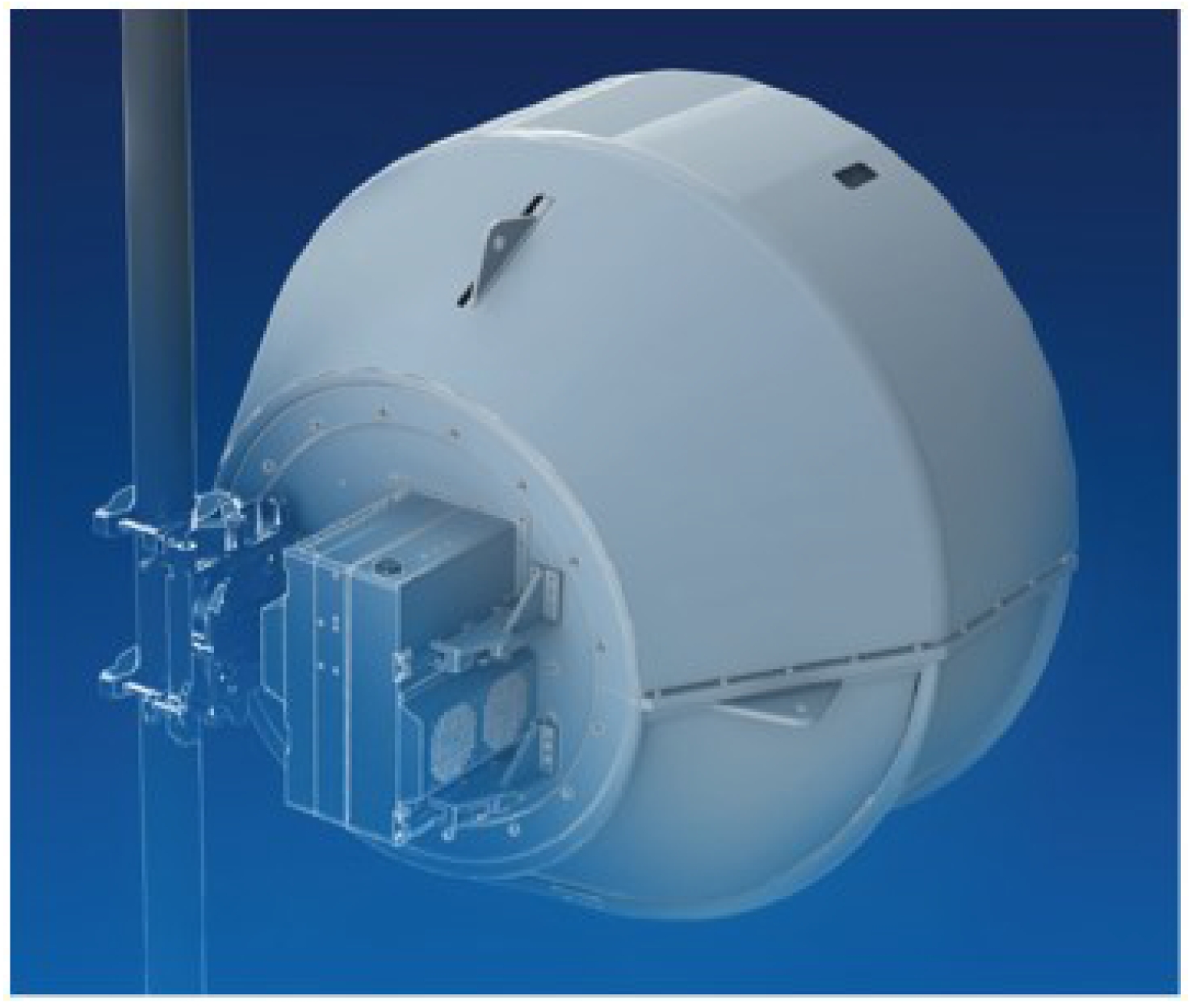 The commercialised E10G radio, with the 1.2m antenna and gimbal system housed with a protective shroud. The commercialised E10G radio, with the 1.2m antenna and gimbal system housed with a protective shroud.