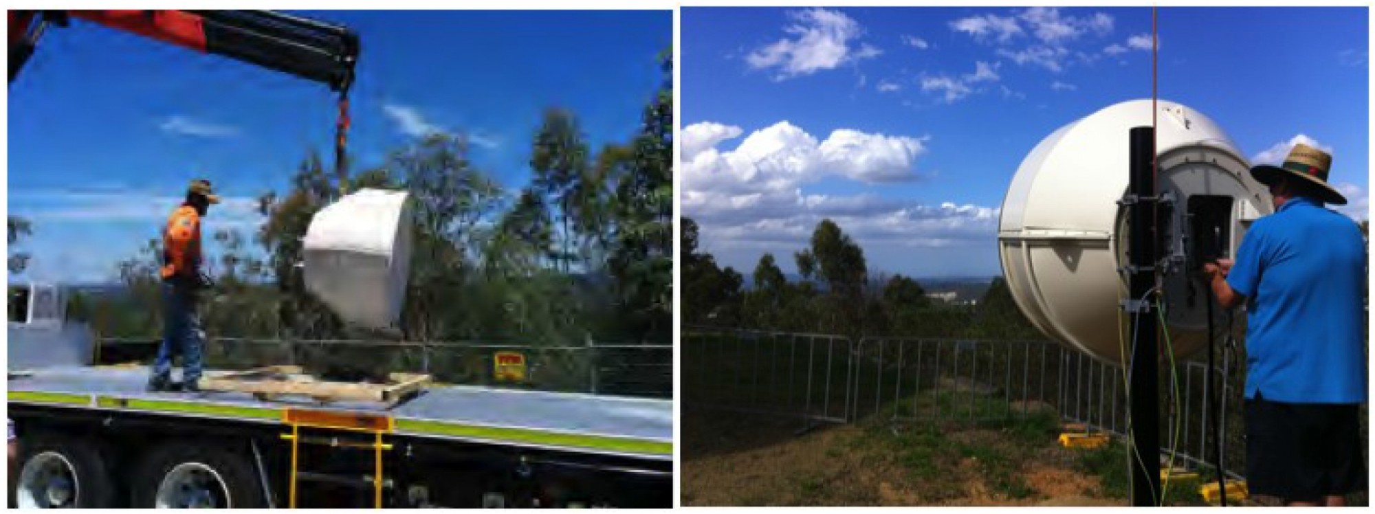 (a) One end of the E-band radio being lifted for mounting and (b)the radio installed at one end of the trial link. (a) One end of the E-band radio being lifted for mounting and (b)the radio installed at one end of the trial link.