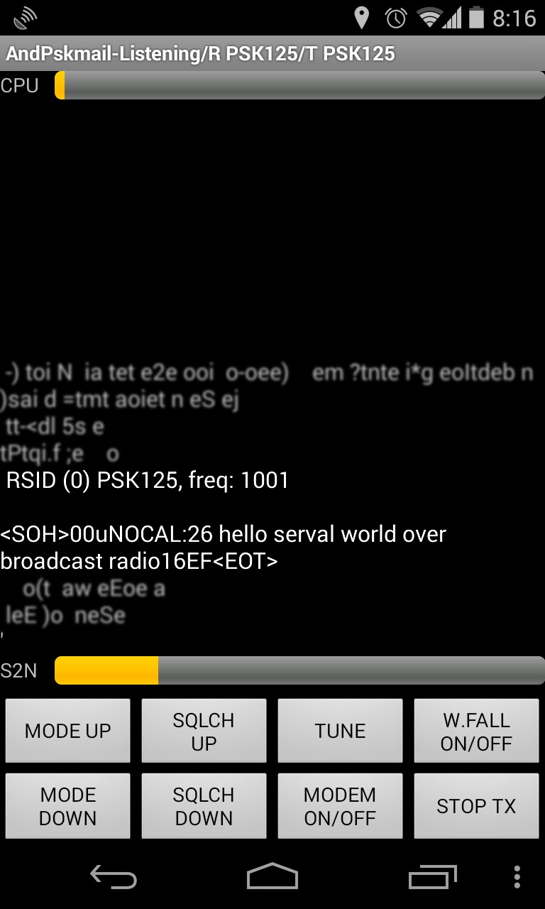 Figure 5 ? Mobile phone display after receiving a test message (highlighted) via acoustic coupling over vehicular FM radio.